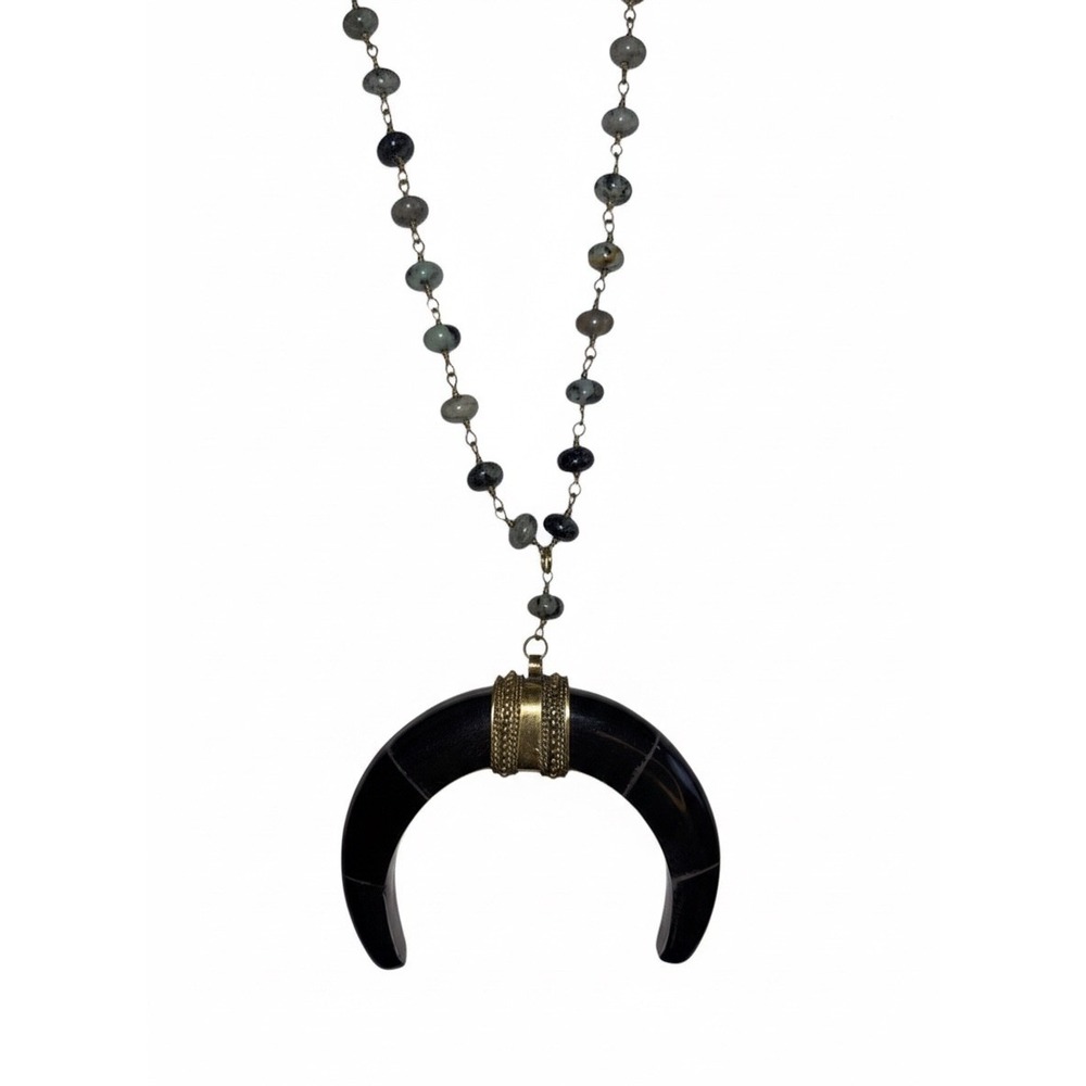 Wired by ALP Boho Crescent Moon Pendant Necklace Beaded Chain Gold Tone Long